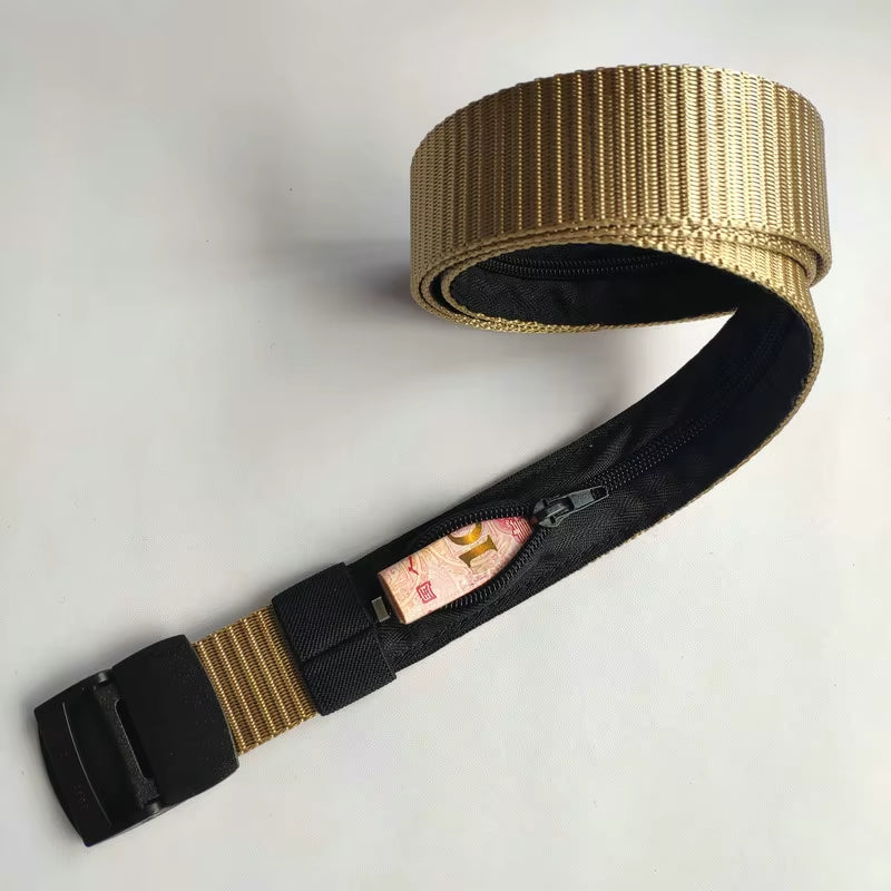Men Outdoor Travel Multi-Functional Nylon Canvas Belt Zipper Purse Hiding Money Tactical Belt Anti-Theft